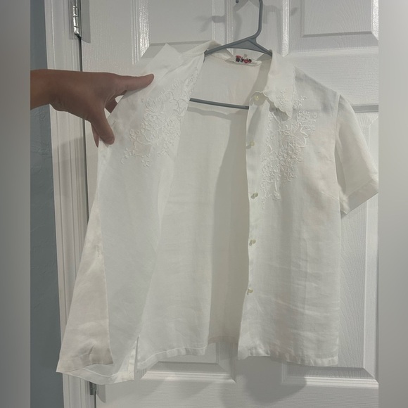 Vintage Hand Embroidered 100% Linen Button Down Short Sleeve Shirt Ivory White - Picture 10 of 11